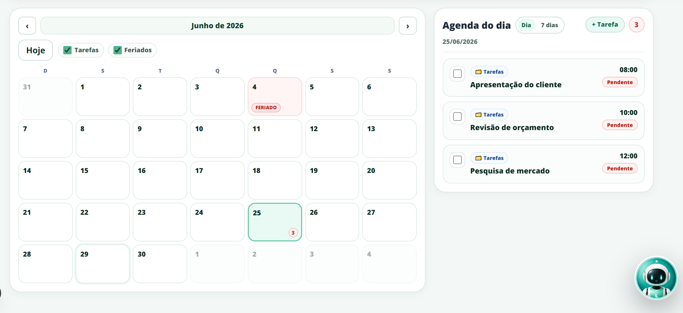 Prévia do módulo Calendário do LPersonal